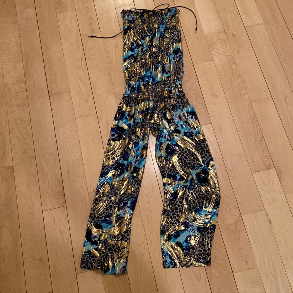Les tout petits Girls 10 fancy jumpsuit gold metallic, turquoise & leopard